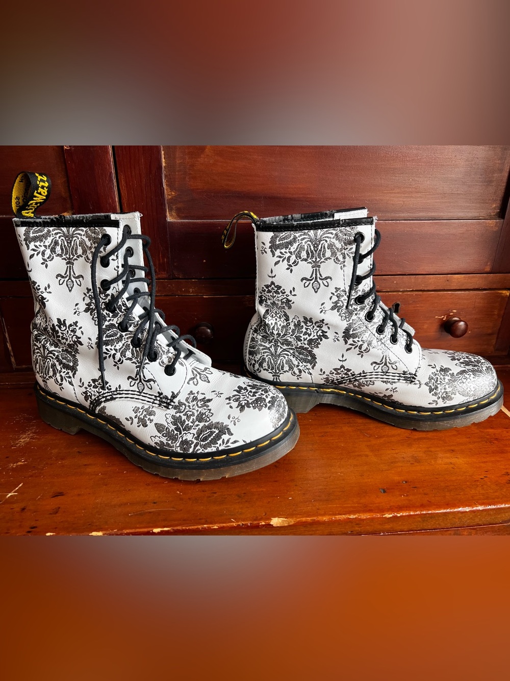 Dr. Martens White Black Floral Lace-Up Combat Boots - Picture 3 of 8